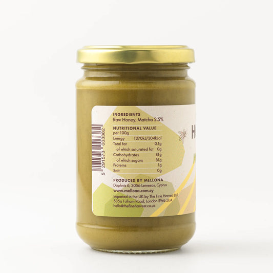Mellona Raw Honey with Matcha jar showing ingredients and nutritional information.