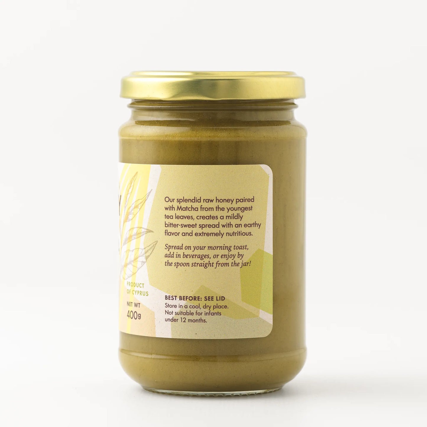 Mellona Raw Honey with Matcha in a glass jar, featuring an earthy blend of honey and matcha from Cyprus.