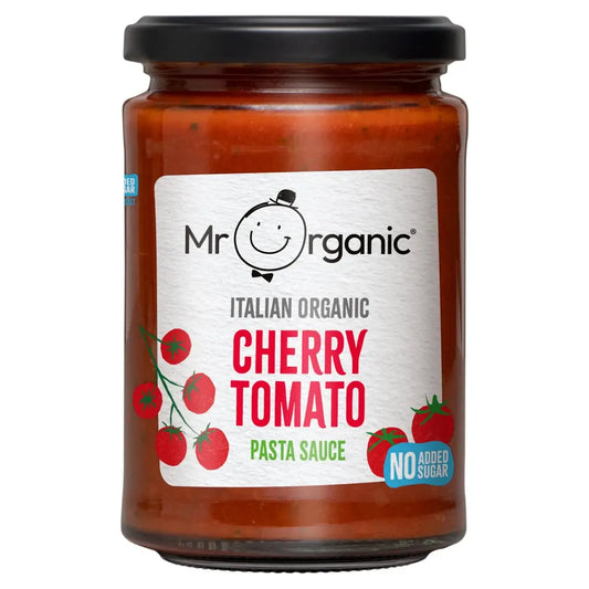 A jar of Mr Organic Cherry Tomato Pasta Sauce 350g