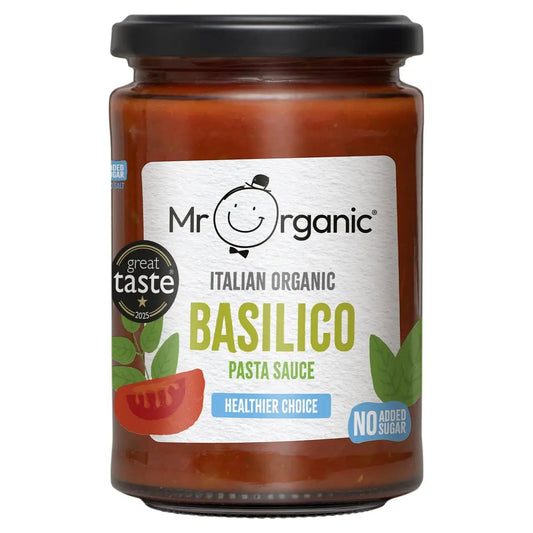A jar of Mr. Organic Italian Organic Healthier Choice Basilico Pasta Sauce 350g