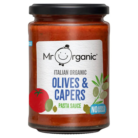 A jar of Mr Organic Italian Olives & Capers Pasta Sauce 350g