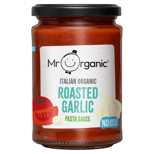 A jar of Mr. Organic Italian Roasted Garlic Pasta Sauce 350g