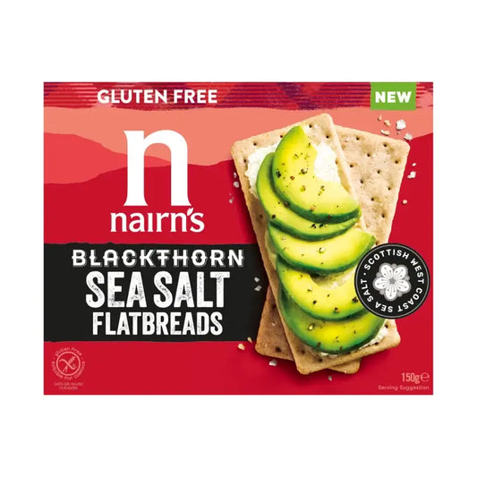 Nairn's Gluten Free Blackthorn Sea Salt Flatbreads  150g with avocado slices on front packaging.