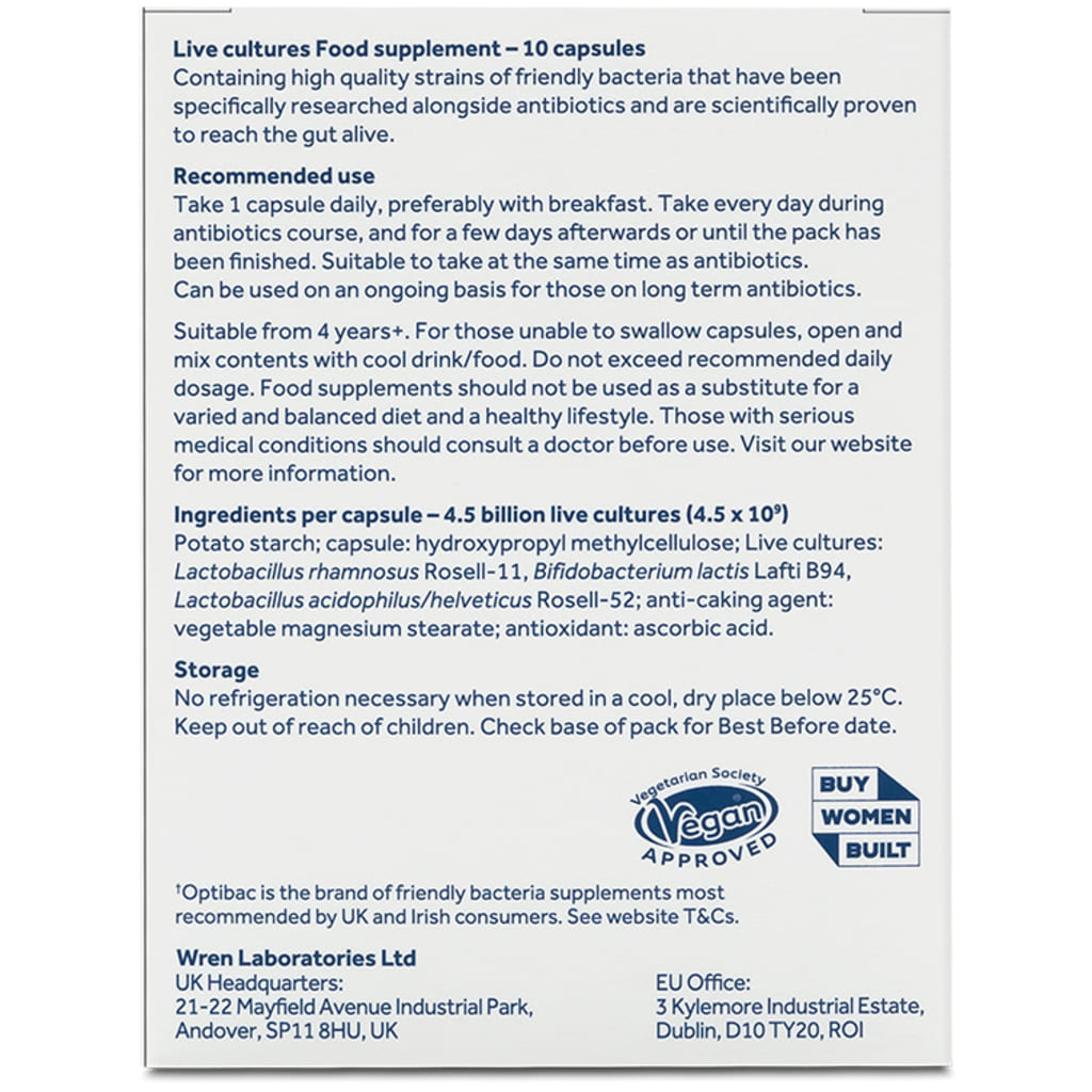 A white information sheet for Optibac For Those On Antibiotics Live cultures Food supplement containing text details, usage instructions, ingredients, and logos including Vegan Approved and Buy Women Built.