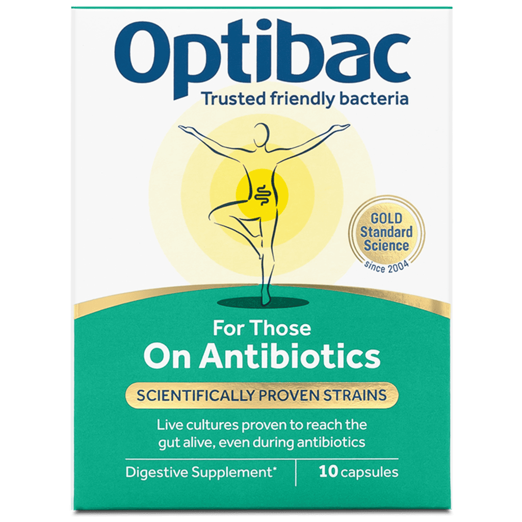 Optibac For Those On Antibiotics supplement box, featuring a white and teal design with a graphic of a person in a yoga pose. 10 capsules.