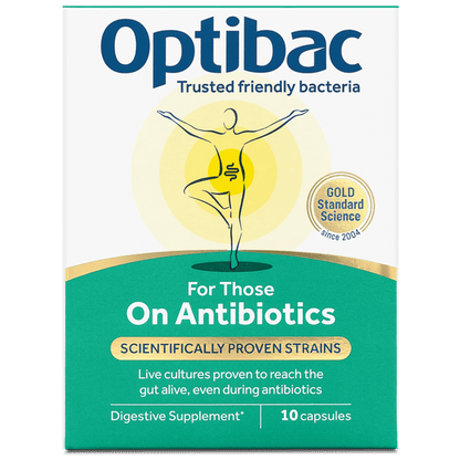Optibac For Those On Antibiotics supplement box, featuring a white and teal design with a graphic of a person in a yoga pose. 10 capsules.