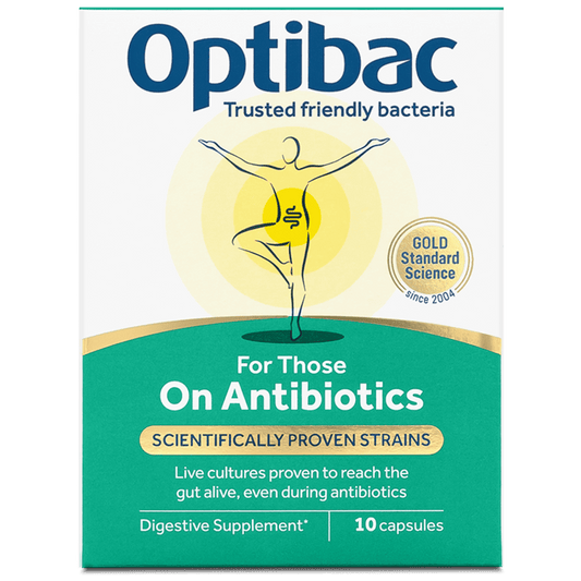 Optibac For Those On Antibiotics supplement box, featuring a white and teal design with a graphic of a person in a yoga pose. 10 capsules.