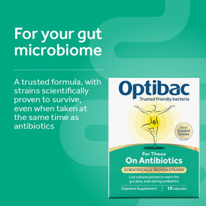 Optibac For Those On Antibiotics packaging for gut microbiome on a green background