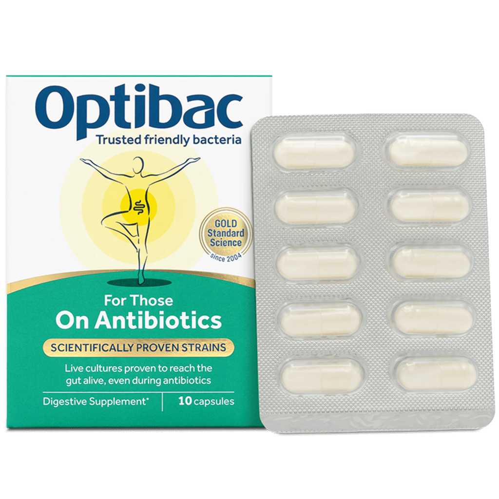 Optibac For Thise On Antibiotics supplement packaging showing the product box next to a silver blister pack containing ten capsules, on a white background.