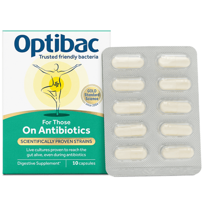 Optibac For Thise On Antibiotics supplement packaging showing the product box next to a silver blister pack containing ten capsules, on a white background.