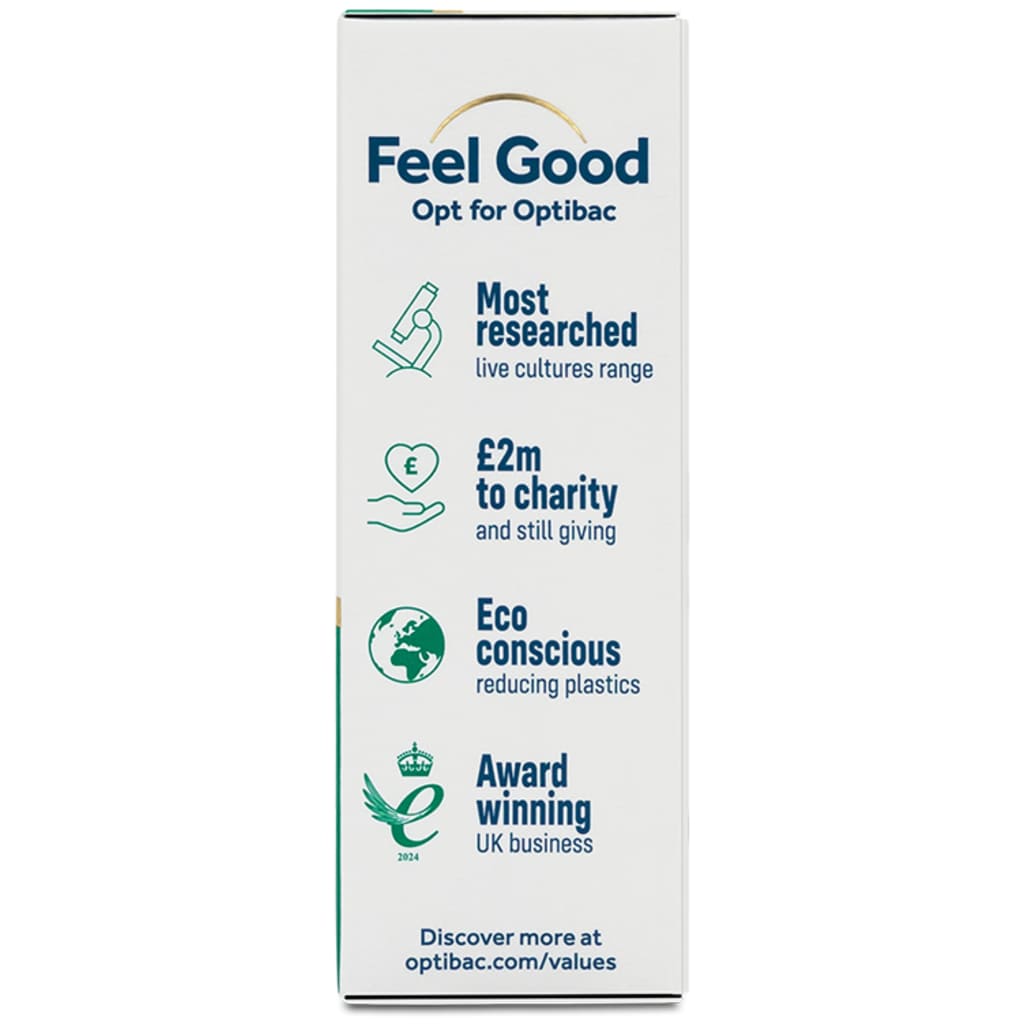 A tall white product box for Feel Good Opt for Optibac, featuring dark blue and teal text and icons highlighting charitable and environmental initiatives.