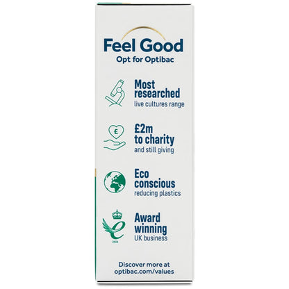 A tall white product box for Feel Good Opt for Optibac, featuring dark blue and teal text and icons highlighting charitable and environmental initiatives.