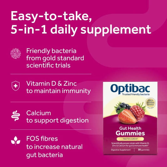 Promotional graphic for Optibac Gut Health Gummies, featuring a pink background with white text highlighting key benefits: easy-to-take 5-in-1 daily supplement, friendly bacteria from gold standard trials, Vitamin D & Zinc for immunity, calcium for digestion, and FOS fibres for gut health. The product box is shown on the bottom right.