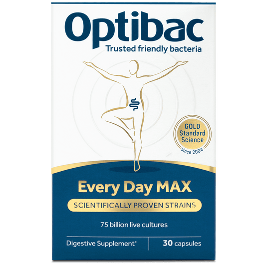Optibac Every Day MAX digestive supplement box, 30 capsules. The packaging is white and dark blue with a gold illustration of a person in a yoga pose and a gold seal reading 'Gold Standard Science'.