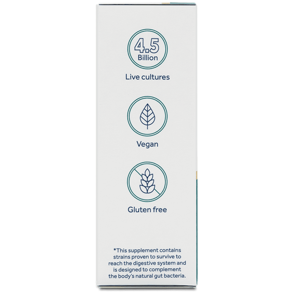 A tall, narrow white product box with dark blue text and icons reading '4.5 Billion Live cultures', 'Vegan', and 'Gluten free' on a plain white background.