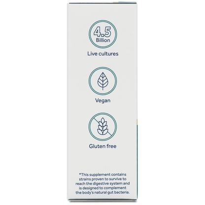 A tall, narrow white product box with dark blue text and icons reading '4.5 Billion Live cultures', 'Vegan', and 'Gluten free' on a plain white background.