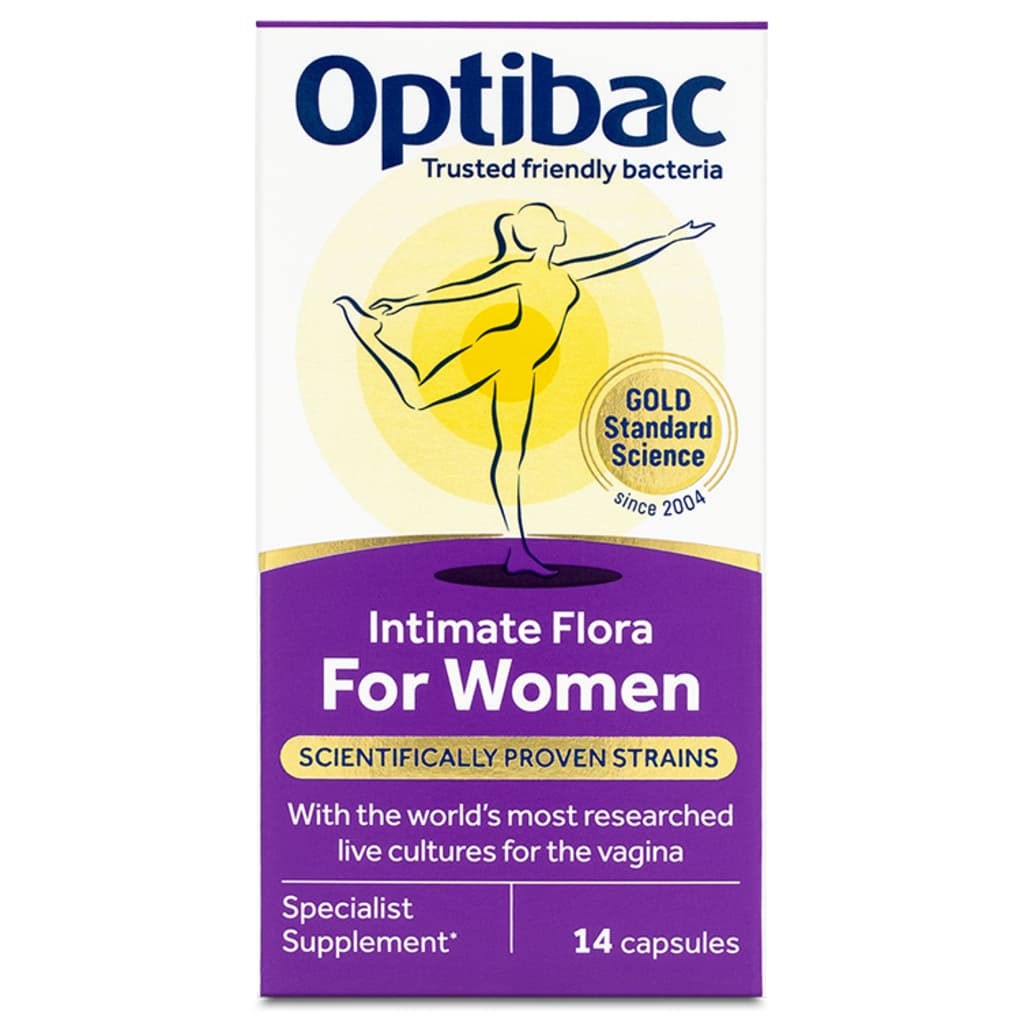 Optibac Intimate Flora For Women specialist supplement box containing 14 capsules, featuring a purple and white design with a yellow graphic of a woman and a gold seal.