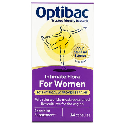 Optibac Intimate Flora For Women specialist supplement box containing 14 capsules, featuring a purple and white design with a yellow graphic of a woman and a gold seal.