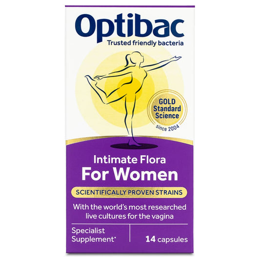 Optibac Intimate Flora For Women specialist supplement box containing 14 capsules, featuring a purple and white design with a yellow graphic of a woman and a gold seal.