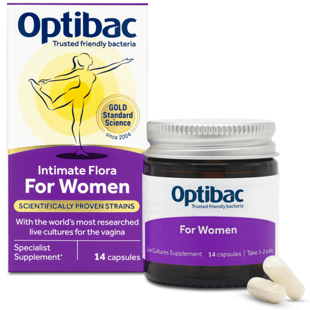 Optibac Intimate Flora For Women live cultures supplement shown with its retail box, a dark amber bottle with a white and purple label, and two capsules on a white background.