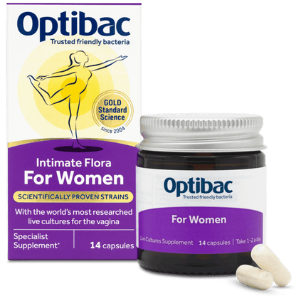 Optibac Intimate Flora For Women live cultures supplement shown with its retail box, a dark amber bottle with a white and purple label, and two capsules on a white background.