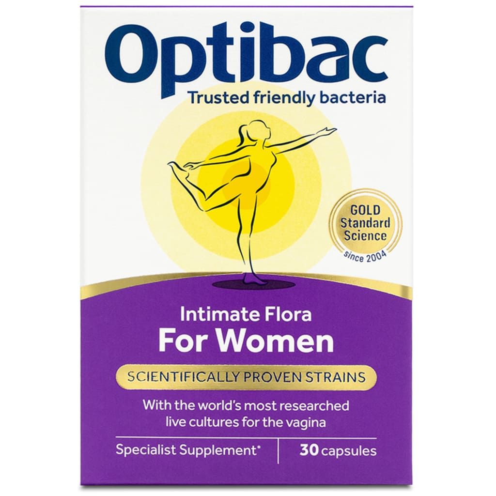 Optibac Intimate Flora For Women specialist supplement box, containing 30 capsules. The packaging features a white top half with the brand name 'Optibac' in blue and a yellow graphic of a woman, and a purple bottom half with product details.