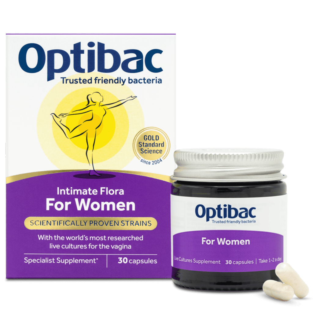 Optibac Intimate Flora For Women specialist supplement shown with its retail box, a small white-lidded jar, and two capsules on a plain white background.