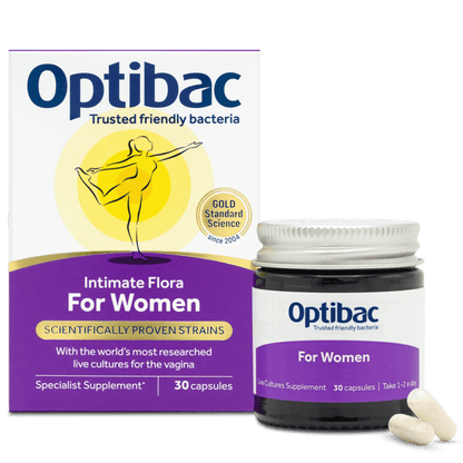 Optibac Intimate Flora For Women specialist supplement shown with its retail box, a small white-lidded jar, and two capsules on a plain white background.