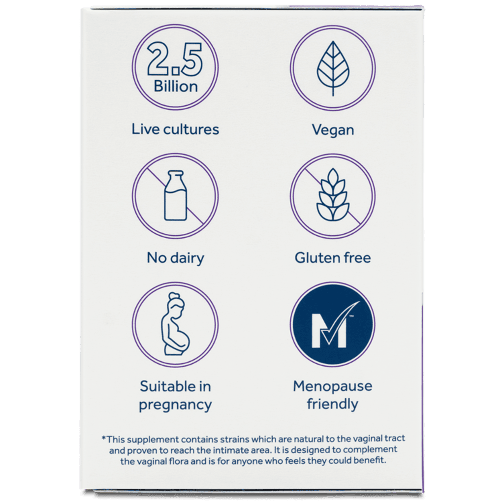 The side of Optibac For Women white product box showing six circular feature icons with text: 2.5 Billion Live cultures, Vegan, No dairy, Gluten free, Suitable in pregnancy, and Menopause friendly.