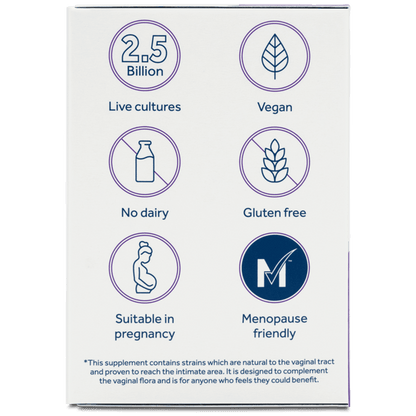 The side of Optibac For Women white product box showing six circular feature icons with text: 2.5 Billion Live cultures, Vegan, No dairy, Gluten free, Suitable in pregnancy, and Menopause friendly.