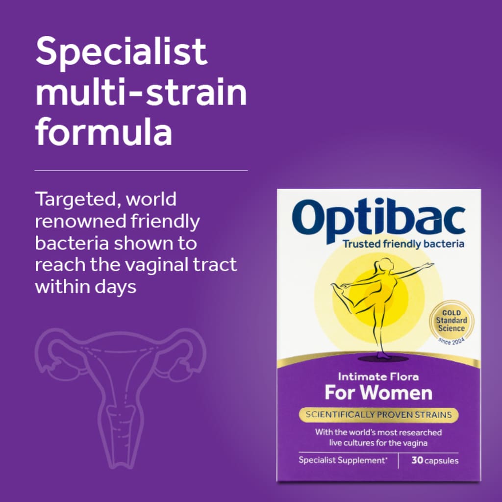 Optibac For Women specialist multi-strain formula supplement packaging shown on a purple promotional background with text describing targeted vaginal bacteria support.