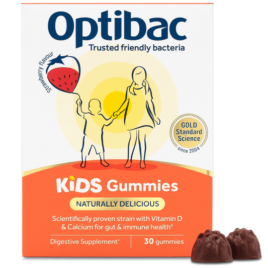 Optibac Kids Gummies box packaging with a strawberry balloon illustration, shown on a white background with two gummies at the bottom right.