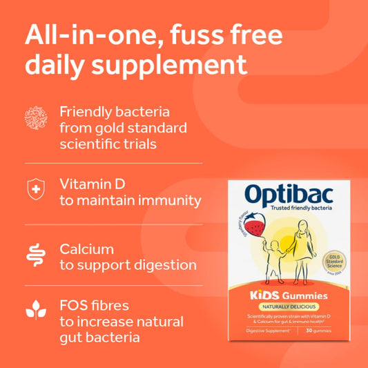 Promotional graphic for Optibac Kids Gummies, featuring a white and orange product box on the right, with text on the left highlighting benefits like friendly bacteria, vitamin D, calcium, and FOS fibres against a solid orange background.