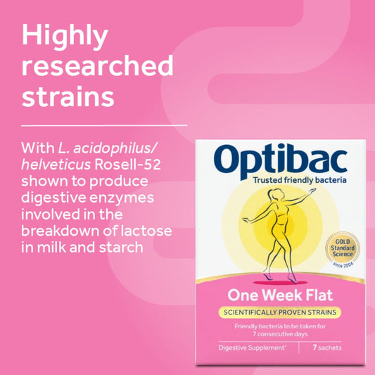 Optibac One Week Flat digestive supplement box shown on a pink promotional background with text highlighting researched strains.