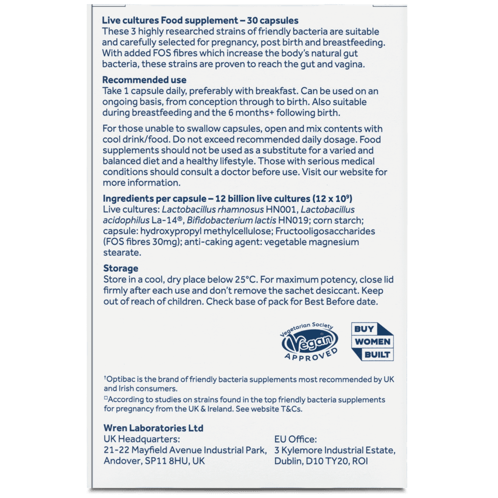 A white product information card for Optibac Pregnancy 'Live cultures Food supplement - 30 capsules'. The card features product details, recommended use, ingredients per capsule, storage instructions, and logos including Optibac Approved, and a 'Buy Women Built' badge.
