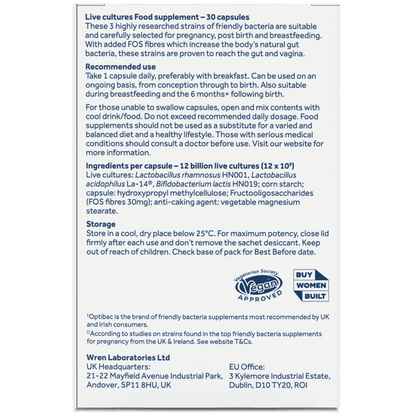 A white product information card for Optibac Pregnancy 'Live cultures Food supplement - 30 capsules'. The card features product details, recommended use, ingredients per capsule, storage instructions, and logos including Optibac Approved, and a 'Buy Women Built' badge.