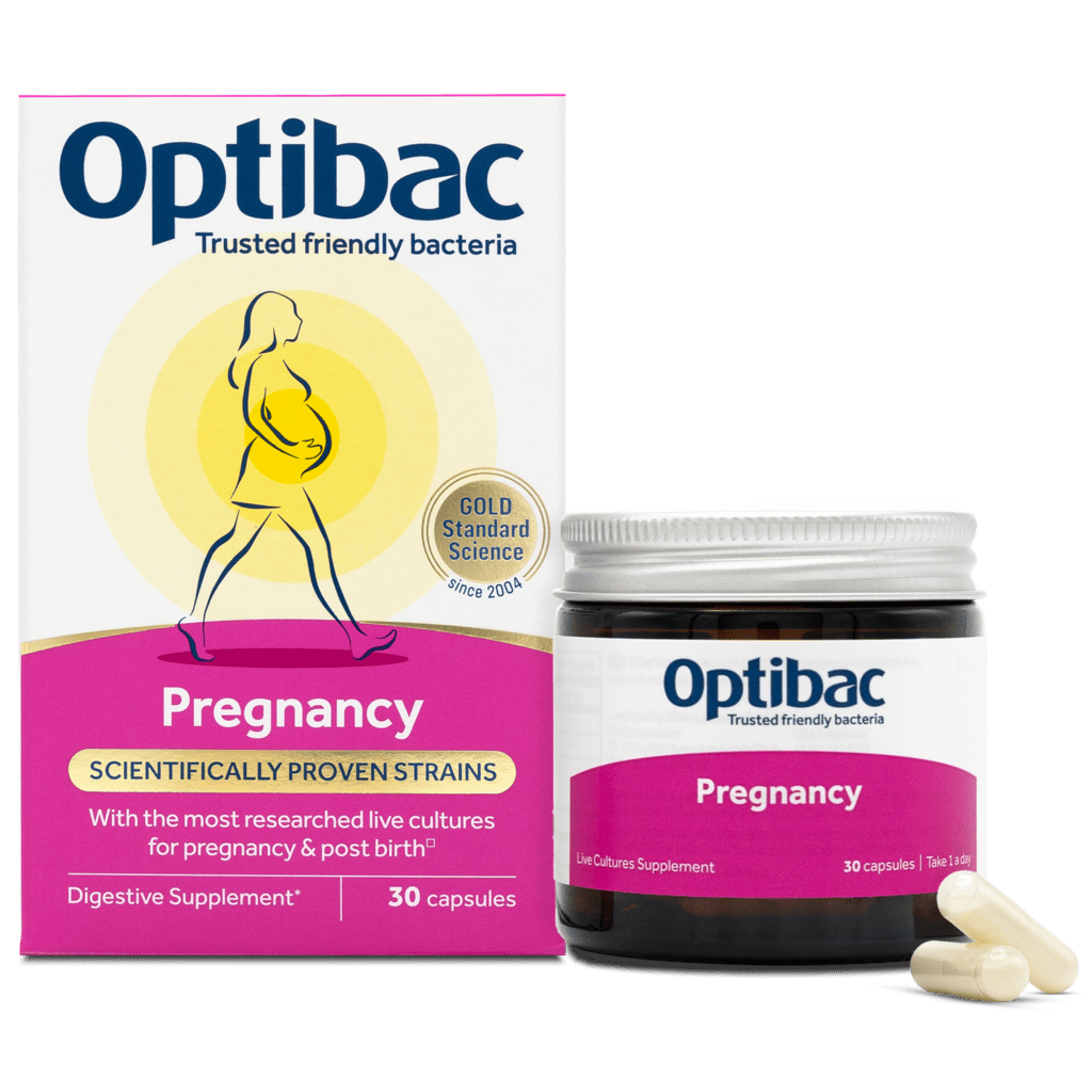 Optibac Pregnancy 30 capsules Digestive Supplement box and jar with two capsules on a white background.