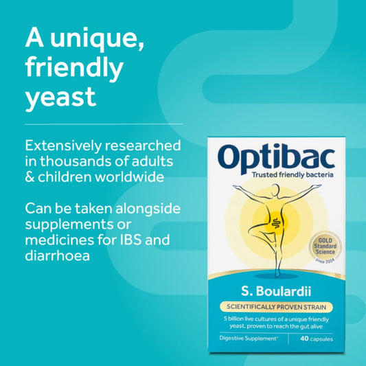 Optibac S. Boulardii digestive supplement packaging shown on a bright teal promotional background with marketing text about friendly yeast and digestive support.