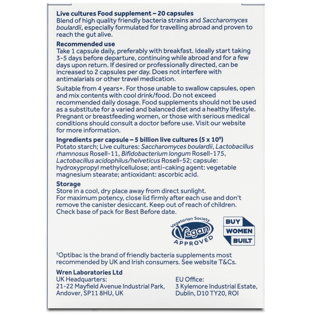 A white rectangular informational card with black text detailing product information for Optibac Travel Abroad 'Live cultures Food supplement - 20 capsules'. The card includes recommended use, suitability, ingredients per capsule, storage instructions, and logos for 'Wren Headquarters' and 'FOSAG' (Food & Oils Approved Guarantee Scheme).