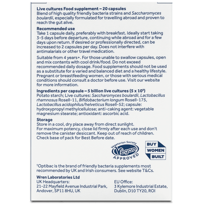 A white rectangular informational card with black text detailing product information for Optibac Travel Abroad 'Live cultures Food supplement - 20 capsules'. The card includes recommended use, suitability, ingredients per capsule, storage instructions, and logos for 'Wren Headquarters' and 'FOSAG' (Food & Oils Approved Guarantee Scheme).