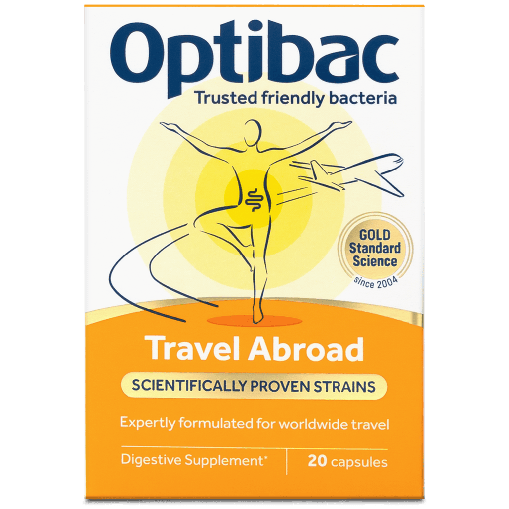 Optibac Travel Abroad digestive supplement box, featuring a white and orange design with a yellow circular graphic and a stylized figure, containing 20 capsules.