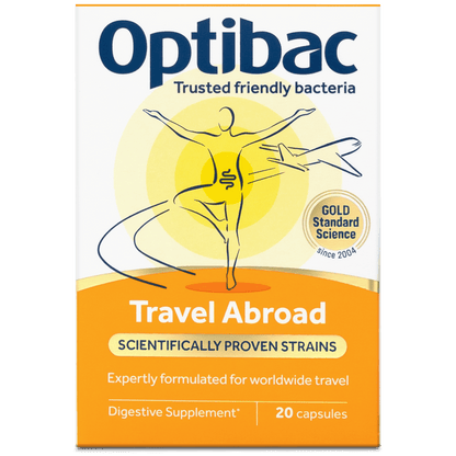 Optibac Travel Abroad digestive supplement box, featuring a white and orange design with a yellow circular graphic and a stylized figure, containing 20 capsules.
