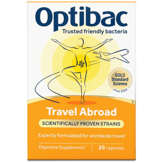 Optibac Travel Abroad digestive supplement box, featuring a white and orange design with a yellow circular graphic and a stylized figure, containing 20 capsules.