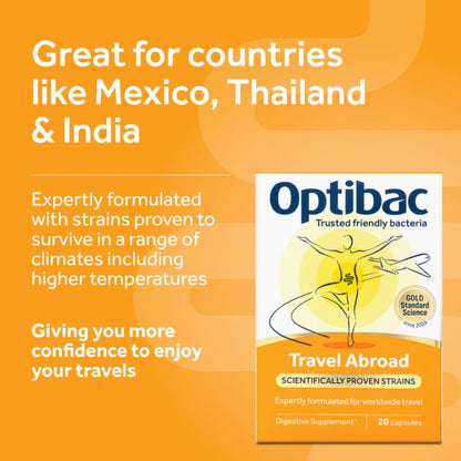 Optibac Travel Abroad digestive supplement box shown on a bright orange promotional graphic with text highlighting use in countries like Mexico, Thailand, and India.