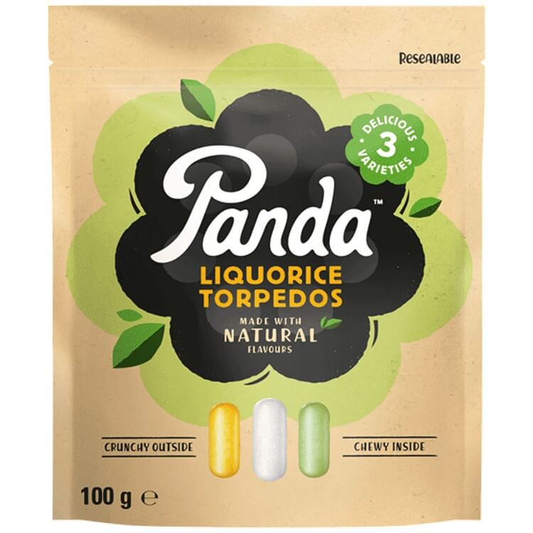 Panda Liquorice Torpedos packaging featuring crunchy outside and chewy inside, made with natural flavors, 100g.
