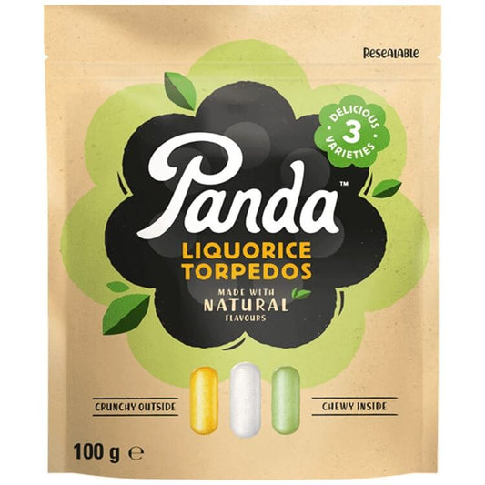 Panda Liquorice Torpedos packaging featuring crunchy outside and chewy inside, made with natural flavors, 100g.