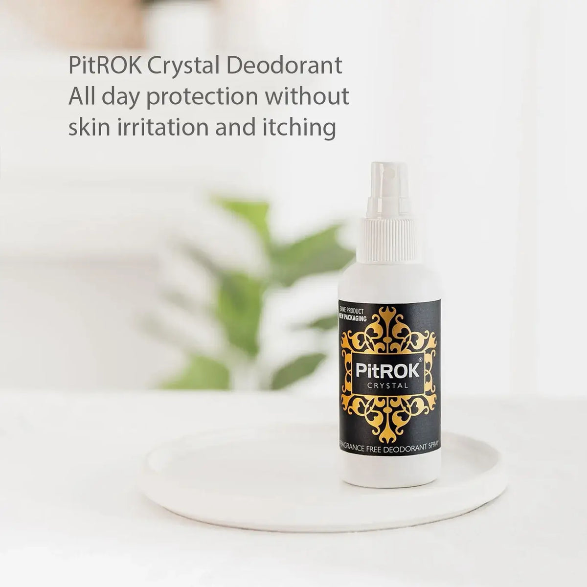 PitROK 100ml fragrance free Crystal Deodorant spray bottle on a white surface with a blurred background.