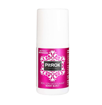 A PitROK 50ml Berry Burst roll-on deodorant bottle with a vibrant magenta-pink label.
