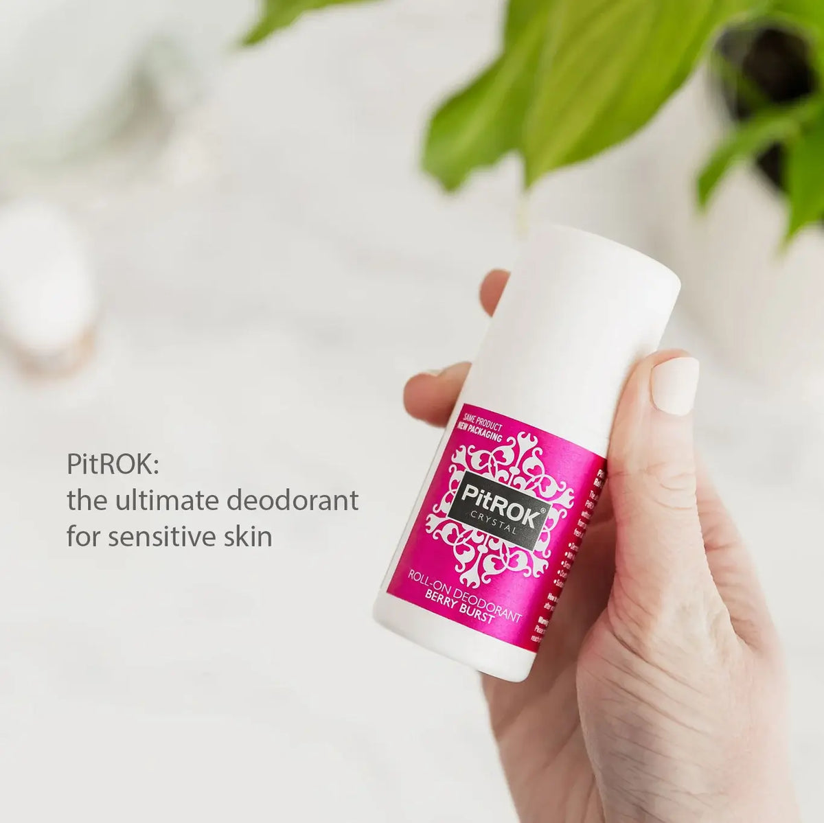 Hand holding a PitROK Berry Burst 50ml Roll-on deodorant bottle with a blurred plant in the background.