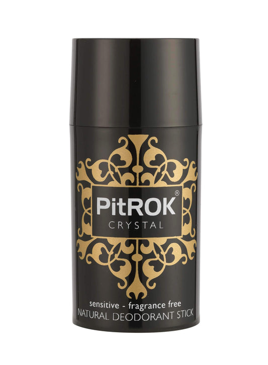 A black deodorant stick container with a glossy finish, featuring the brand name 'PitROK CRYSTAL' in white text on the front, set against a plain white background.